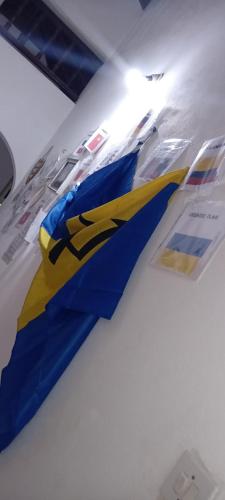 a blue and yellow airplane sitting on a table at Chandler Homestay in Saint Philip