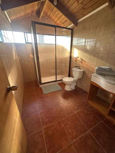 a bathroom with a shower and a toilet in it at Casa Takarua in Hanga Roa