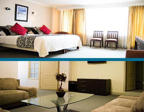 two pictures of a bedroom with a bed and a living room at Hotel Novalux in Ambato