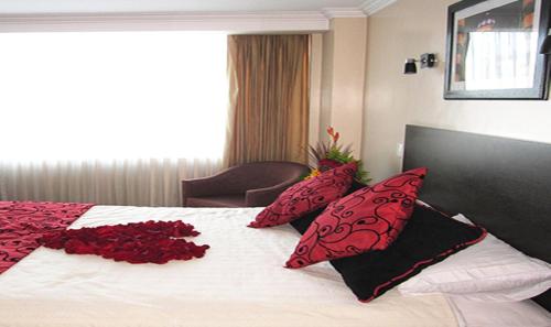 a hotel room with a bed with red pillows at Hotel Novalux in Ambato