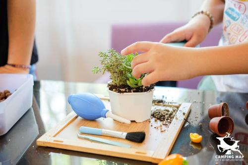 a person planting a plant in a pot on a table at 99Glamping in Douliu