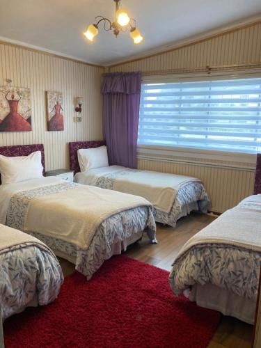 a bedroom with three beds and a red rug at Hostal Argentina Osorno in Osorno
