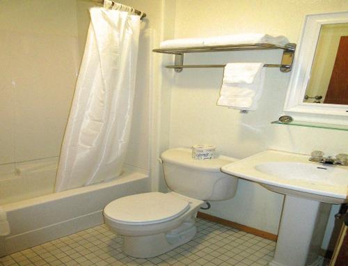 Baño blanco con aseo y lavamanos en Soda Butte Lodge, en Cooke City