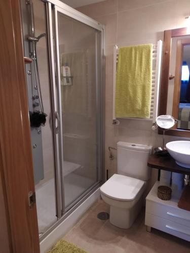 ein Badezimmer mit Dusche, Toilette und Waschbecken in der Unterkunft Casa Las Marzas-El Boj in Colombres