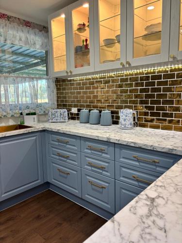 a kitchen with blue cabinets and a brick wall at Lenlie Farm in Howard