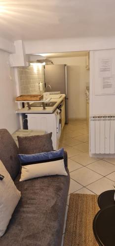 a living room with a couch and a kitchen at Le Cosy - Place Masséna in Nice