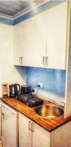 a kitchen counter with a sink and a stove at Cosy and historical one bedroom apartment, 5kms from Castlemaine, 2 kms from the Calder in Barkers Creek