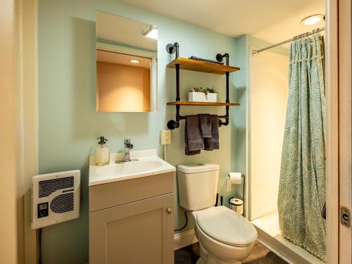 a bathroom with a toilet and a sink and a shower at BurgBnB Downtown in Harrisburg