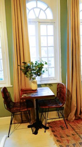 a table with a plant on it in front of a window at Maison d'hôtes de Xavier in Brussels