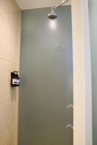 a bathroom with a shower with a green wall at Melbourne ViVo in Melbourne