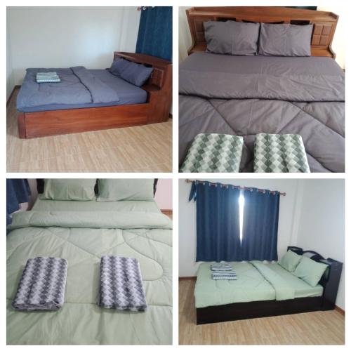 four pictures of a bed with a pillow on it at บ้านเขาค้อคุณย่า in Khao Kho