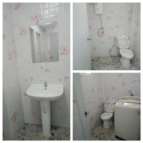 three pictures of a bathroom with a sink and a toilet at บ้านเขาค้อคุณย่า in Khao Kho