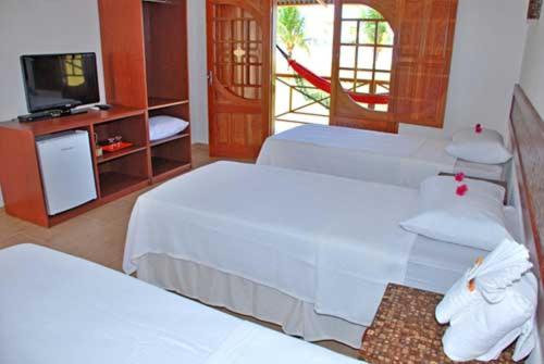 Habitación de hotel con 2 camas y TV en Pousada Venezia Tropicale, en Japaratinga