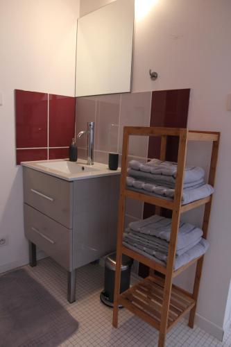 une salle de bain avec un lavabo et une étagère avec des serviettes dans l'établissement La Grange des Griottiers, à Saint-Priest