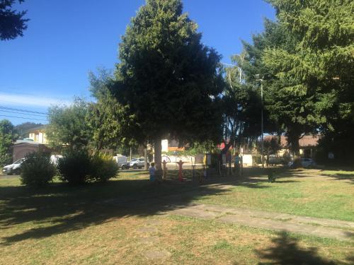 a playground in a park with trees and grass at Tribu Malen Apartamentos in Temuco