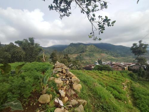 a stone wall in a field with mountains in the background at Dieng Ananda Mountain View Syariah RedPartner in Kejajar