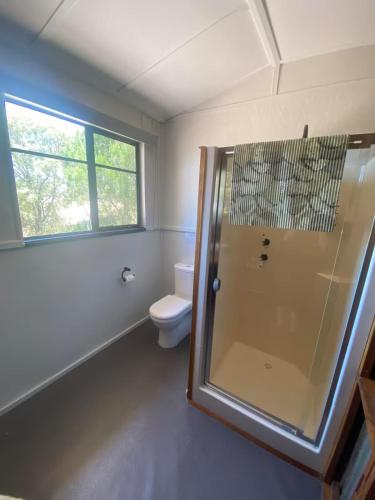 a bathroom with a shower with a toilet and a window at The Old School House BnB in Kybunga