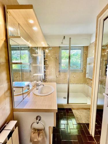 une salle de bain avec un lavabo et une douche dans l'établissement Grand T2 lumineux, avec vue et piscine, à Toulon