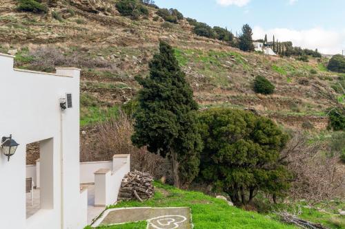 a house on the side of a hill with a tree at Moraki Apartment 2 Andros in Korthi