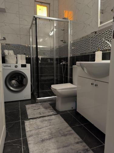 a bathroom with a toilet sink and a washing machine at Villa Taskoparan in Tekirdağ