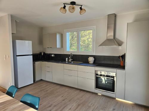 une cuisine avec un réfrigérateur blanc et un évier dans l'établissement Maison du gardien de Logempré, à Pont-Saint-Pierre