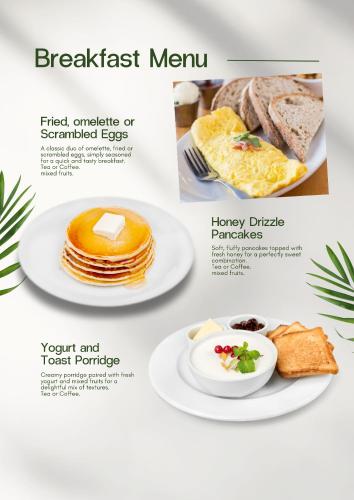 un collage di menù per la colazione con pancake e pane di Chill Out Resort a Ko Lanta Yai