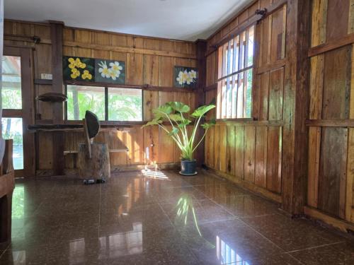 a room with wooden walls and a potted plant in it at Paradise Villas Koh Rong Sanloem in Koh Rong Sanloem