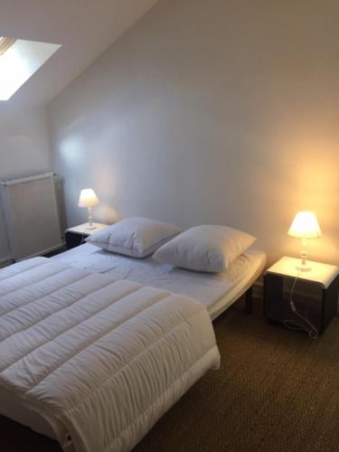 a bedroom with a bed and two lamps on tables at Appart'Hotel Victor Hugo et sa pizza offerte in Aurillac