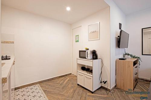 Il comprend un salon avec un four micro-ondes et une télévision. dans l'établissement Grand studio avec espace de travail, à Toulouse