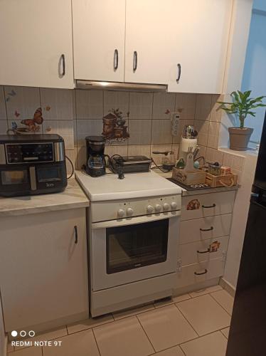 a kitchen with a stove and a microwave at central sweet home in Larisa