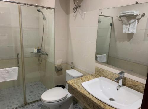 a bathroom with a sink and a toilet and a shower at Kenny Hotel Ha Long in Ha Long
