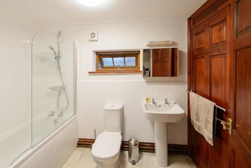 Un baño con inodoro, lavabo y ducha. en Wood Farm Dairy, en Beccles