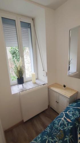 - une chambre avec un lit et une fenêtre avec une plante dans l'établissement Le petit refuge 28m2 2 personnes avec extérieur, à Denain