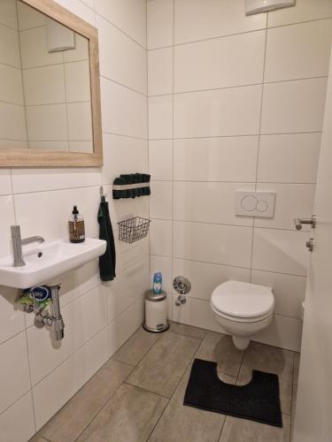 a bathroom with a toilet and a sink at Apartment Altmünster mit Traunsteinblick in Altmünster