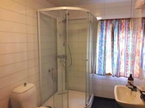 a bathroom with a shower and a toilet and a sink at Lofoten - Stor leilighet i idyllisk fiskevær in Sund