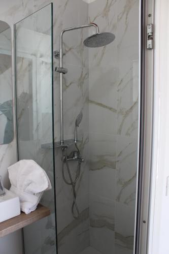 a shower with a glass door in a bathroom at Villa Mare Azul, 300sqm Seafront villa 6 bedrooms, 6 bathrooms in Polykhrono