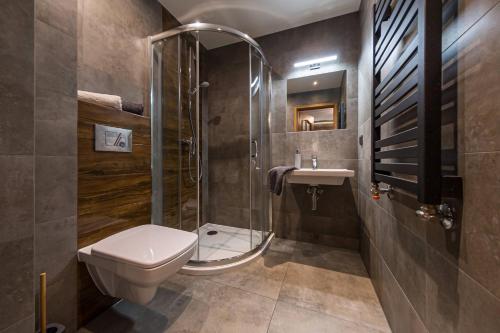 a bathroom with a shower and a toilet and a sink at Agroturystyka Folwarczek Pokoje i Apartamenty in Ustroń