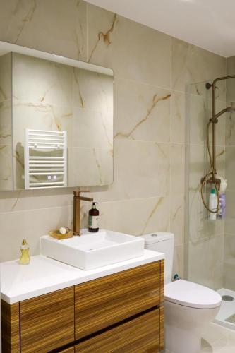 a bathroom with a sink and a mirror and a toilet at Dunas Ria Apartment T2 in Gafanha da Encarnação