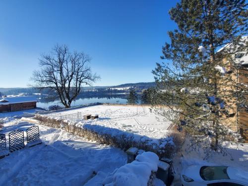 a yard covered in snow with a fence at Lac Saint-Point au balcon in Malbuisson