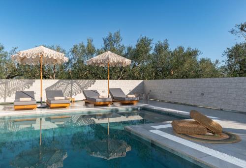 a swimming pool with chairs and umbrellas next to a swimming pool at Camelia Luxury Suites in Psarou