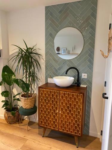 a bathroom with a sink and a mirror at Botanique in Den Hoorn