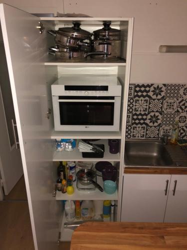 Il comprend une cuisine équipée d'un réfrigérateur et d'un four micro-ondes. dans l'établissement Apparemment t2 climatisé centre ville parking privée, à Montpellier