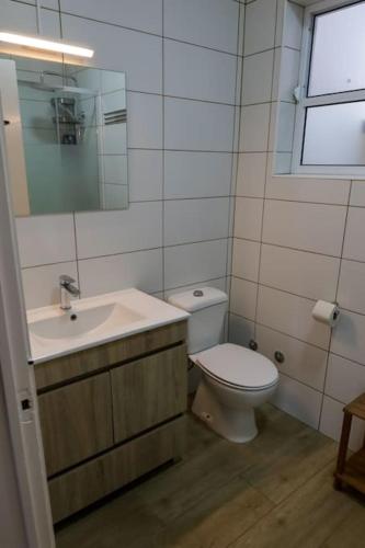a bathroom with a toilet and a sink and a mirror at Alfazema Alojamento Local in Angra do Heroísmo
