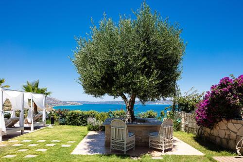 a tree in a garden with chairs and the ocean at Miraida Exclusive Residence in Almirida