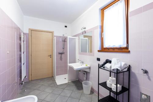 a bathroom with a sink and a toilet and a mirror at Spluga "Relax & Apartaments" by Alfio Colombo in Sorico