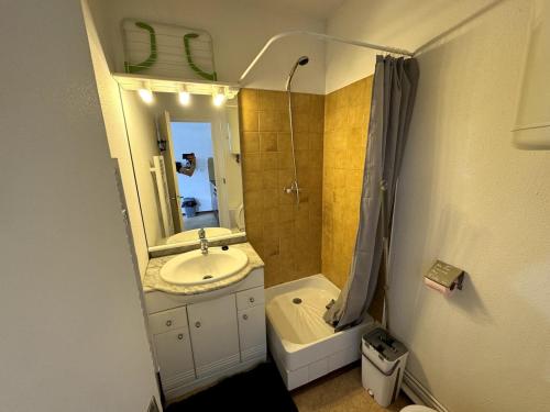 une salle de bain avec un lavabo, un miroir et une douche dans l'établissement Au coeur de la montagne, à Font-Romeu