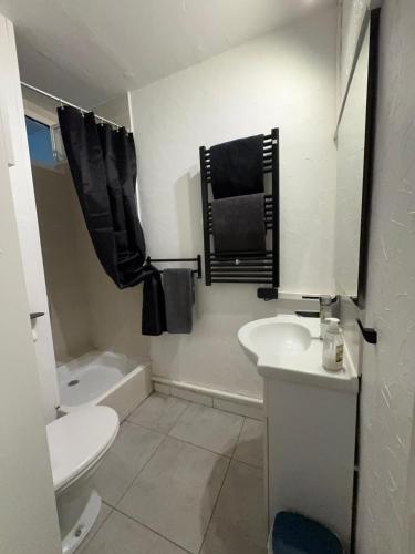 une salle de bain avec des toilettes blanches et un lavabo dans l'établissement Studio Cosy entre port et mer Cap Agde, au Cap d'Agde