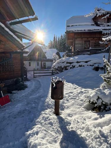 a trash can in the snow next to a house at Bergdorf Riesner in Donnersbachwald
