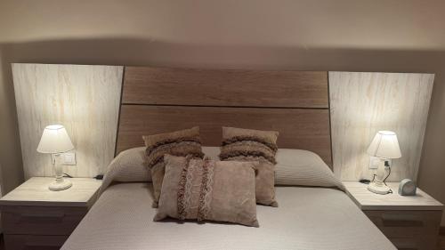 a bedroom with a large bed with two lamps at Apartamentos Turisticos de Soria Collado 3 in Soria
