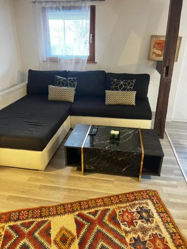 un salon avec un canapé et une table basse dans l'établissement charmant trois pieces cosy, à Berstett
